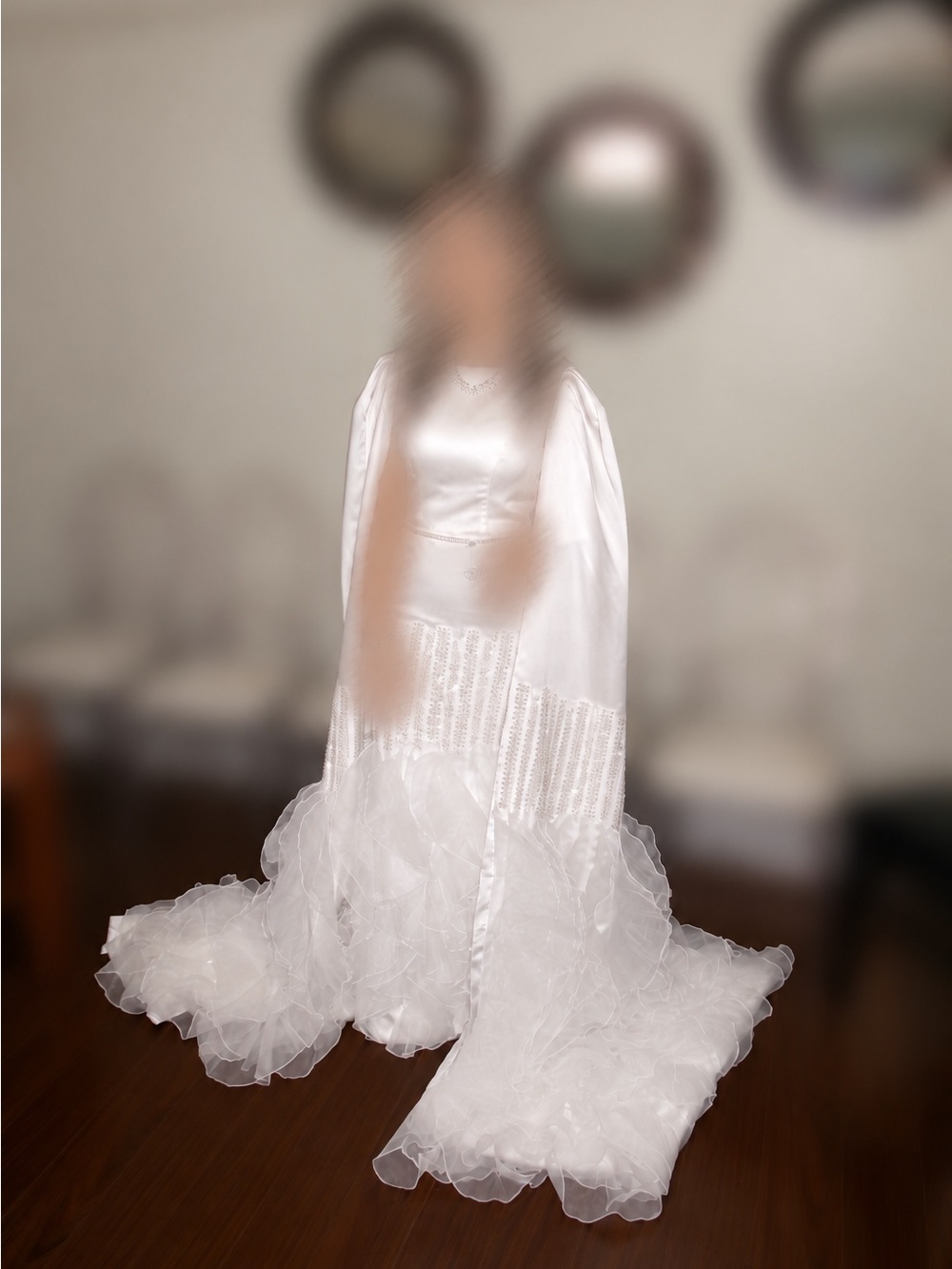 Elegant White Satin Engagement Dress with Pearl Details & Ruffle Train